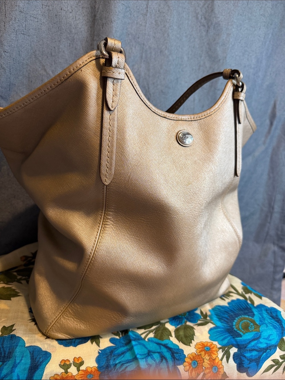 Coach Payton Saffiano Metallic Champagne Leather Shoulder Bag